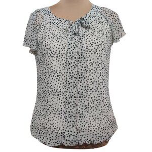Sara Michelle Womens Blouse Polka Dot Flutter Sleeve Tie Neck Black White Size S